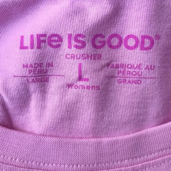 Life Is Good Pink Long Sleeve Crusher Tee Size Large Dog Butterfly Flower - Picture 2 of 2